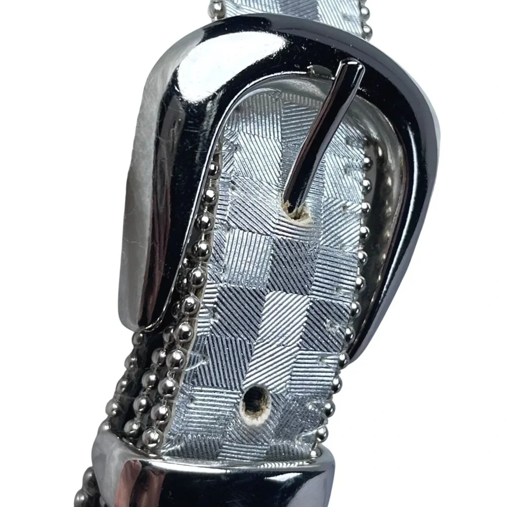 VTG Elite USA Silver Metallic Checkered Belt Disco Y2K Geometric‎ Sz Small Punk